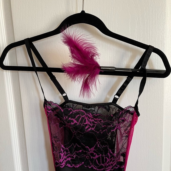 Coquette stretch lace and sheer mesh magenta & black slip / negligee, size S - Picture 7 of 7